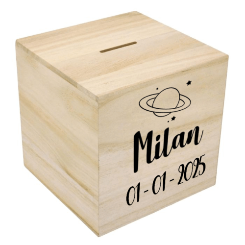 Houten spaarpot met naam