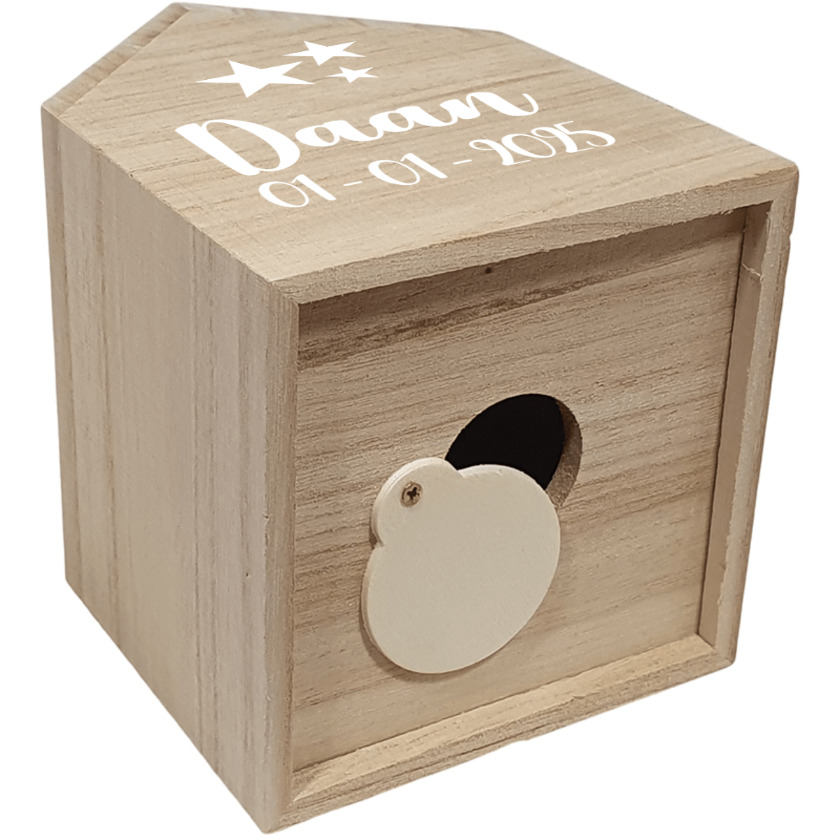 Houten spaarpothuisje met naam - groot model De zijkant van het Houten spaarpothuisje met naam - groot model