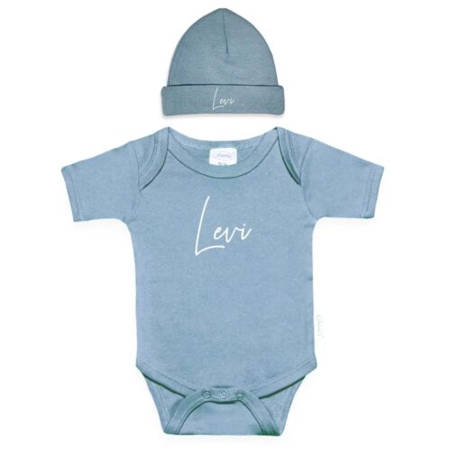 Set van Romper en muts in de kleur Grey/Blue met naam