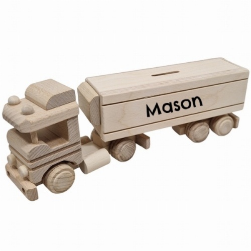 Vrachtwagen met aanhanger spaarpot met naam