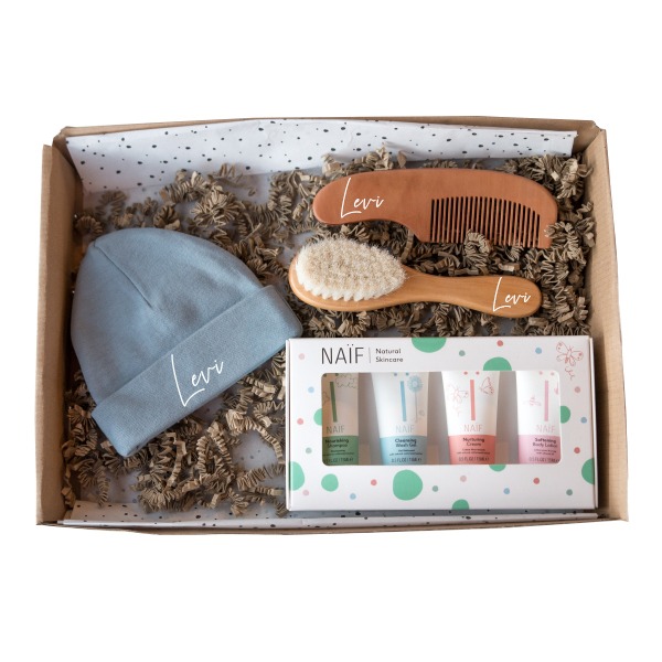 Hello Baby Giftbox Grey/Blue Kraamcadeau met naam Hello Baby Giftbox Grey/Blue